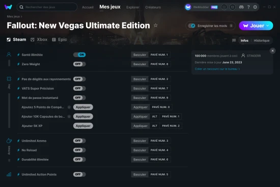 Capture d'écran de triches de Fallout: New Vegas Ultimate Edition