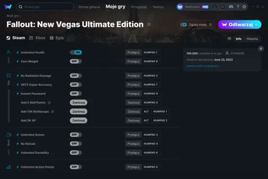 cheaty Fallout: New Vegas Ultimate Edition zrzut ekranu