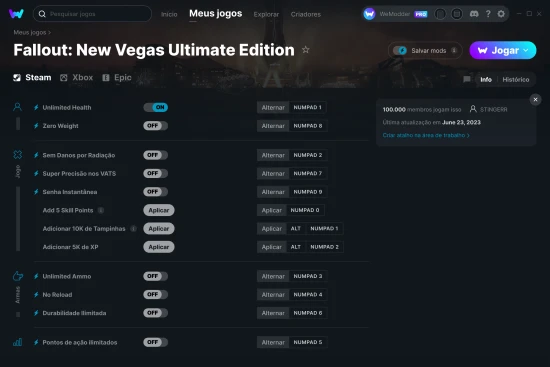 Captura de tela de cheats do Fallout: New Vegas Ultimate Edition