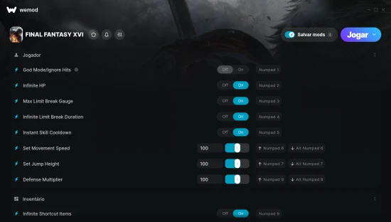 Captura de tela de cheats do FINAL FANTASY XVI
