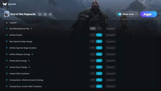 Captura de tela de cheats do God of War Ragnarök