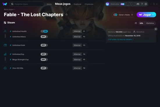 Captura de tela de cheats do Fable - The Lost Chapters