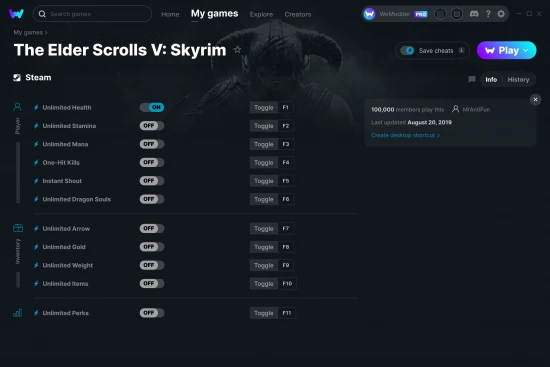 The Elder Scrolls V: Skyrim cheats screenshot