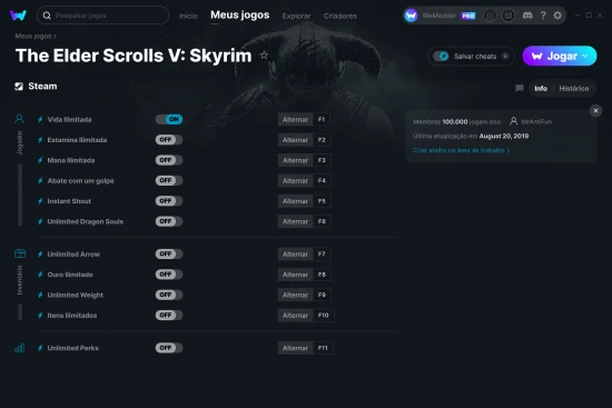 Captura de tela de cheats do The Elder Scrolls V: Skyrim