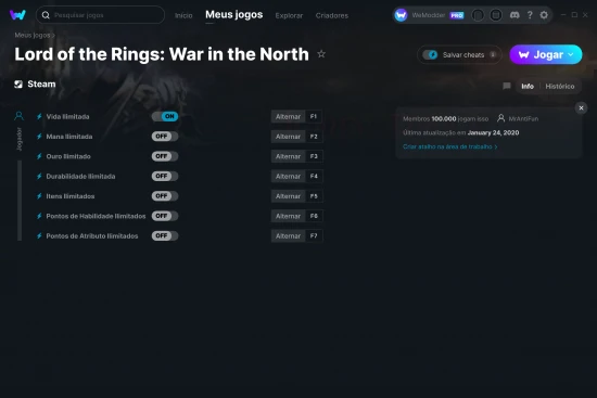 Captura de tela de cheats do Lord of the Rings: War in the North