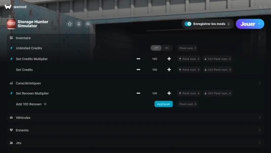 Capture d’écran des cheats pour Storage Hunter Simulator