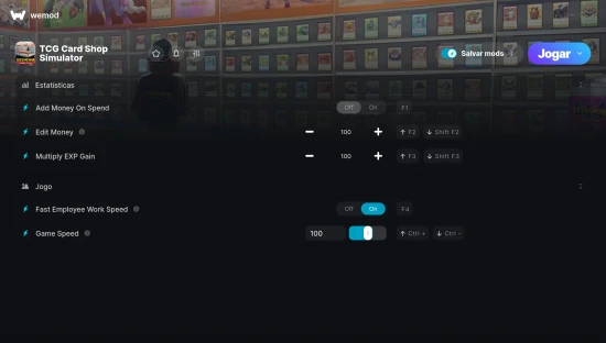 Captura de tela de cheats do TCG Card Shop Simulator