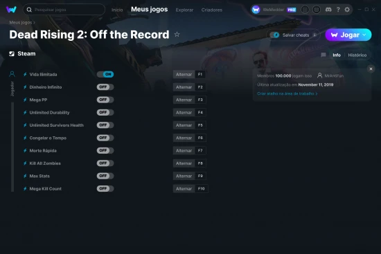 Captura de tela de cheats do Dead Rising 2: Off the Record