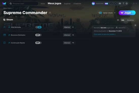 Captura de tela de cheats do Supreme Commander