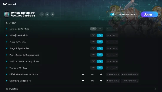 Capture d’écran des cheats pour SWORD ART ONLINE Fractured Daydream