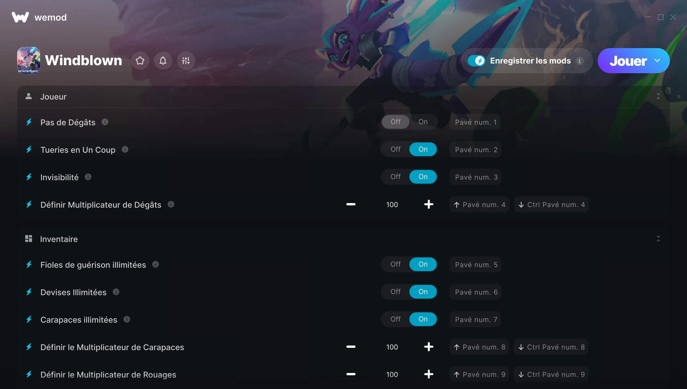 Capture d’écran des cheats pour Windblown