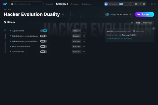 Capture d'écran de triches de Hacker Evolution Duality