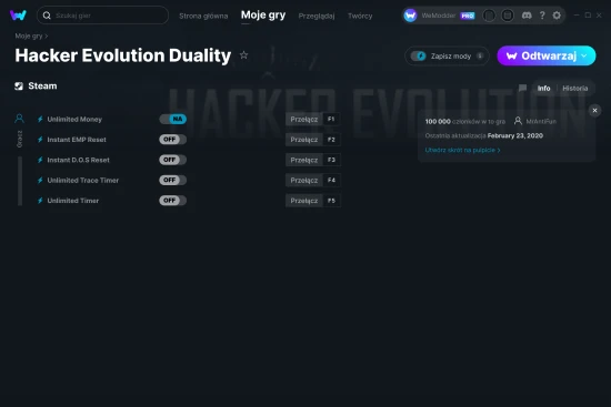 cheaty Hacker Evolution Duality zrzut ekranu
