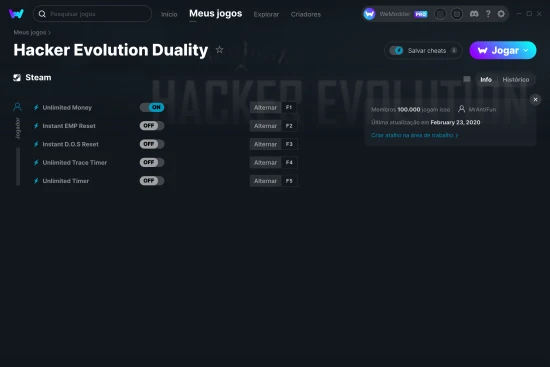 Captura de tela de cheats do Hacker Evolution Duality