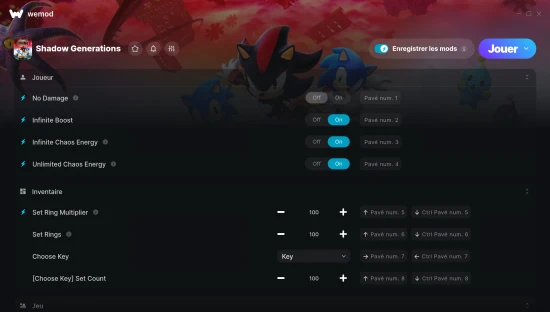Capture d’écran des cheats pour Shadow Generations