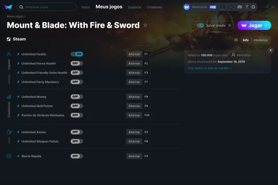 Captura de tela de cheats do Mount & Blade: With Fire & Sword