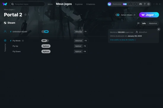 Captura de tela de cheats do Portal 2