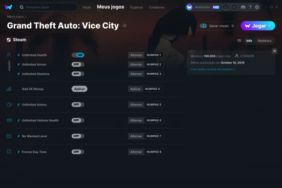 Captura de tela de cheats do Grand Theft Auto: Vice City