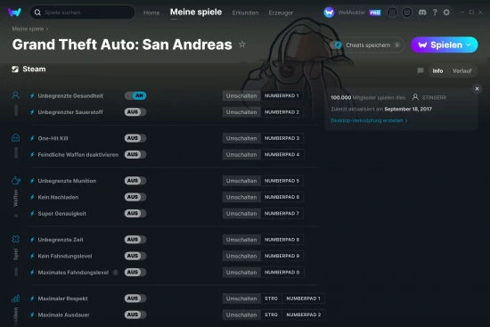 Grand Theft Auto: San Andreas Cheats Screenshot