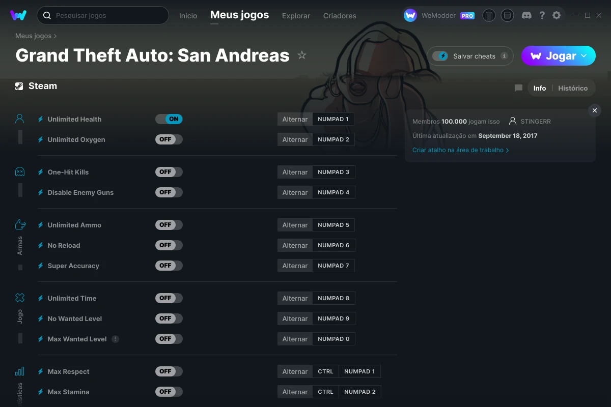 Cheats e Trainers para Grand Theft Auto: San Andreas no PC - WeMod