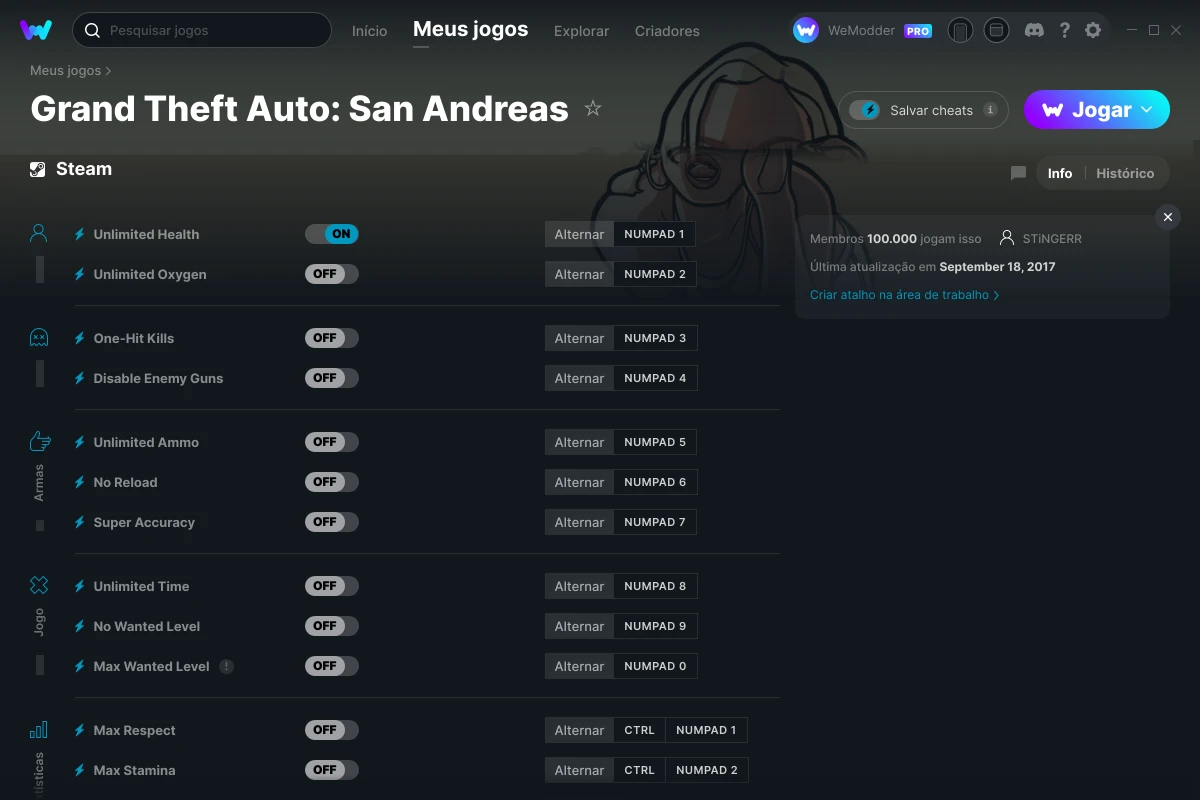 Cheats para Grand Theft Auto San Andreas em PT-BR 