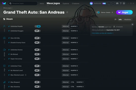 Captura de tela de cheats do Grand Theft Auto: San Andreas