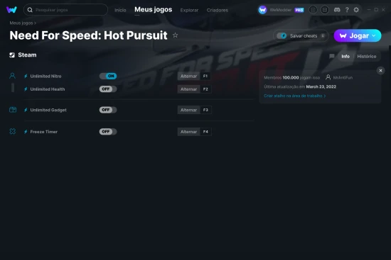 Captura de tela de cheats do Need For Speed: Hot Pursuit