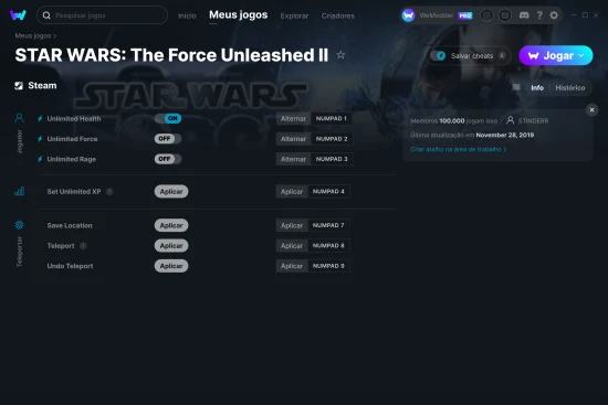 Captura de tela de cheats do STAR WARS: The Force Unleashed II