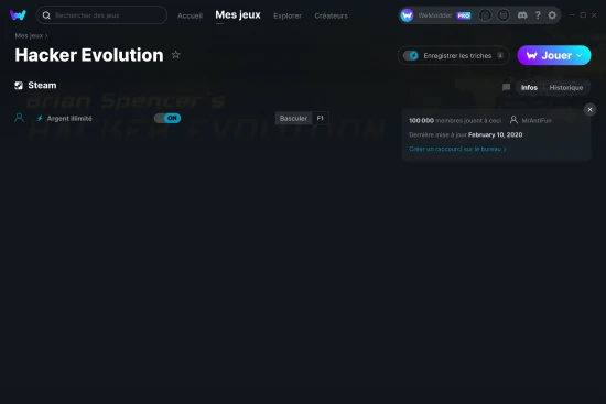 Capture d'écran de triches de Hacker Evolution