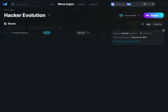 Captura de tela de cheats do Hacker Evolution