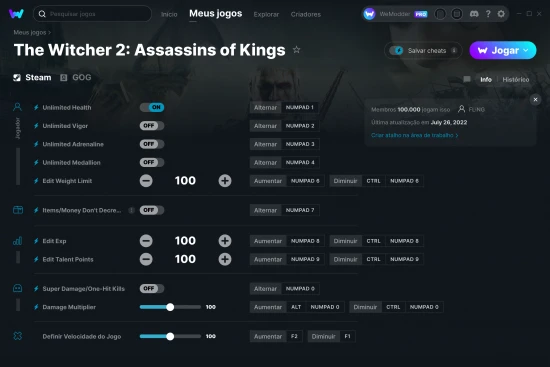 Captura de tela de cheats do The Witcher 2: Assassins of Kings