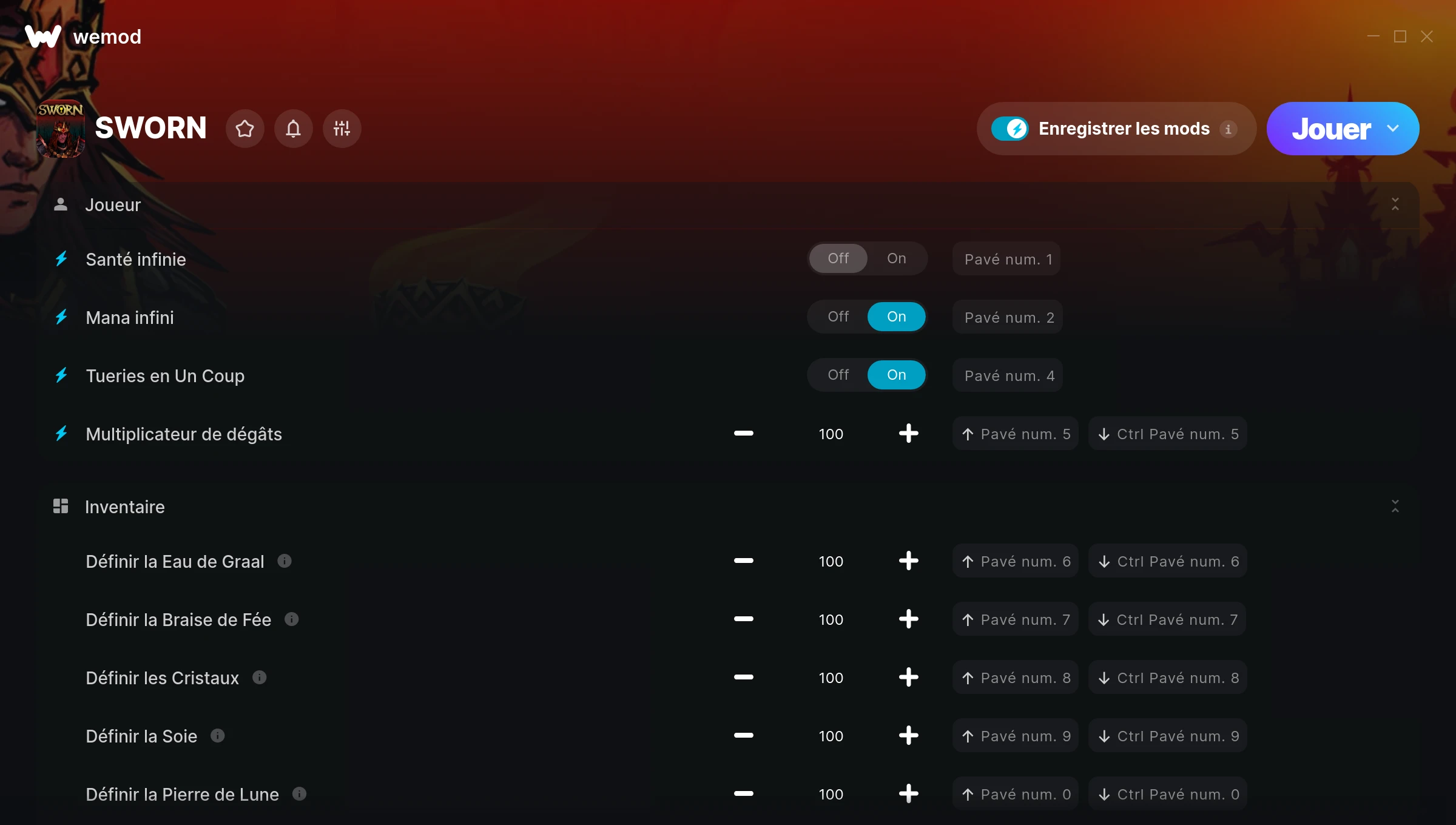 Capture d’écran des cheats pour SWORN