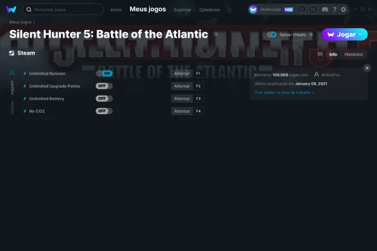Captura de tela de cheats do Silent Hunter 5: Battle of the Atlantic