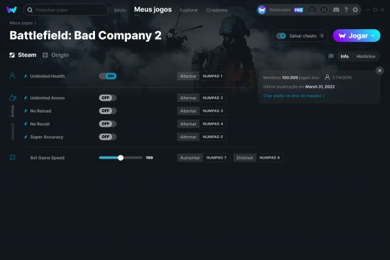 Captura de tela de cheats do Battlefield: Bad Company 2