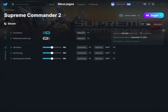 Captura de tela de cheats do Supreme Commander 2