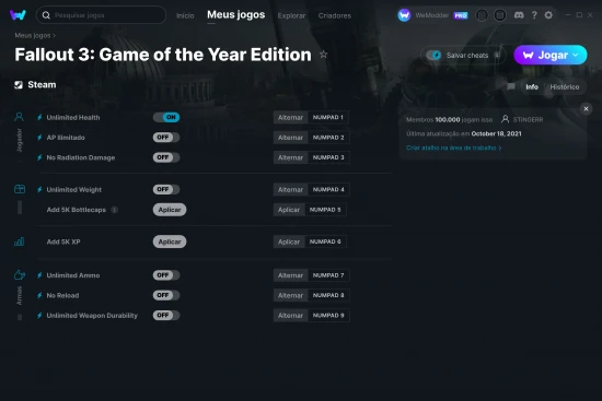 Captura de tela de cheats do Fallout 3: Game of the Year Edition